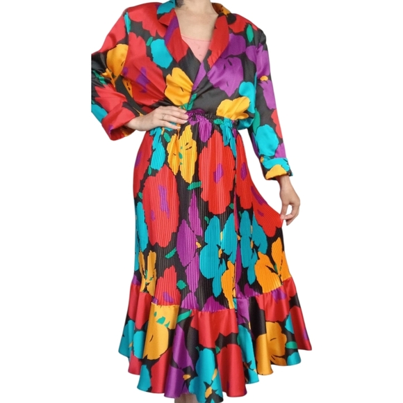 Vintage Floral Satin 80s Blazer Skirt Set Size Small Medium - Picture 3 of 5